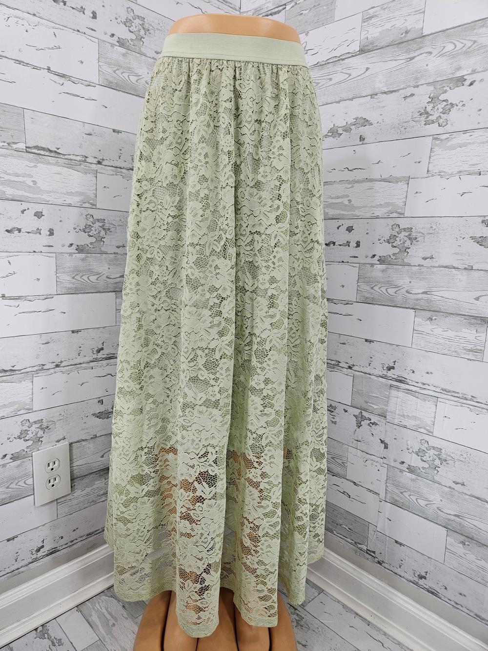 Sage Green Lace Maxi Skirt with Elastic Waist
